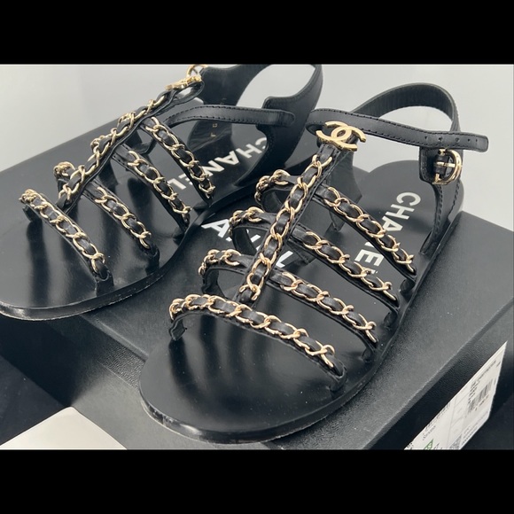 CHANEL 2023 interlocking CC logo gladiator open toe black sandals size 38 w/box - Picture 5 of 16